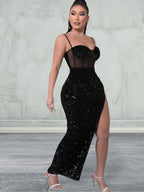 Sequin Spliced Mesh Adjustable Strap Maxi Dress