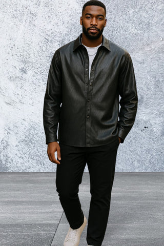 Long Sleeve Faux Leather Snap Button Front Shirt