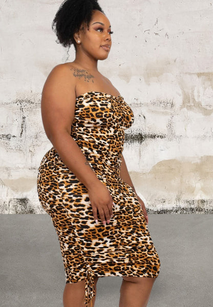 Plus Size Leopard Print Ruched Drawstring Tube Dress
