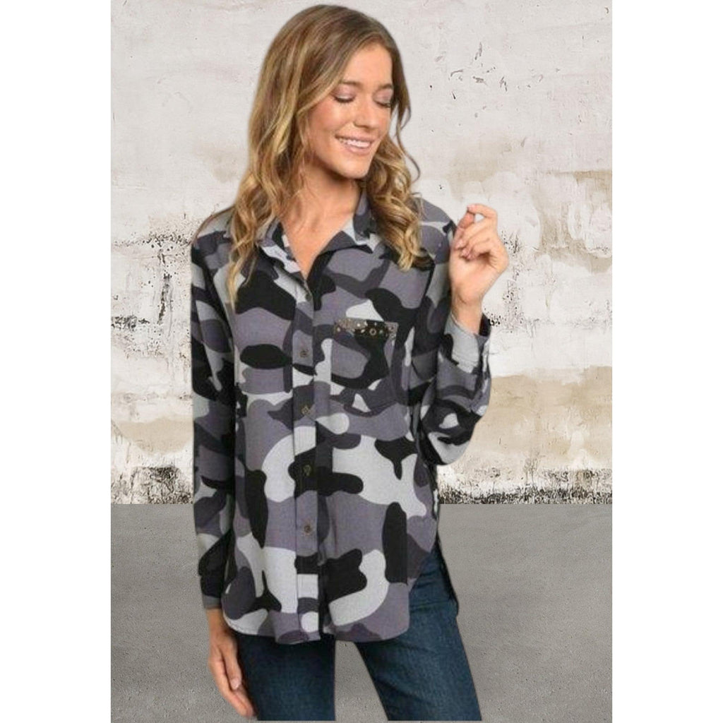Long sleeve camouflage button front top