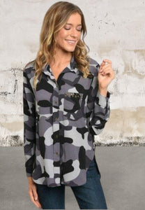Long sleeve camouflage button front top