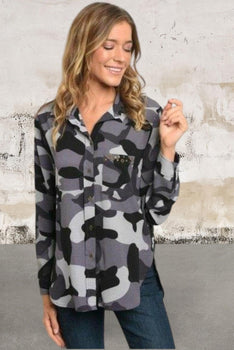Long sleeve camouflage button front top