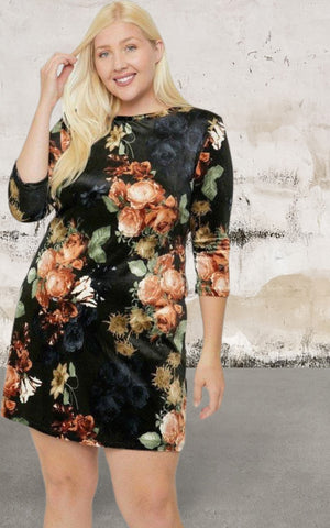 Plus size floral print three quarter length sleeve dress