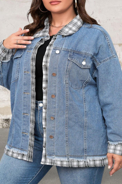 Plus Size Plaid Hem Denim Jacket