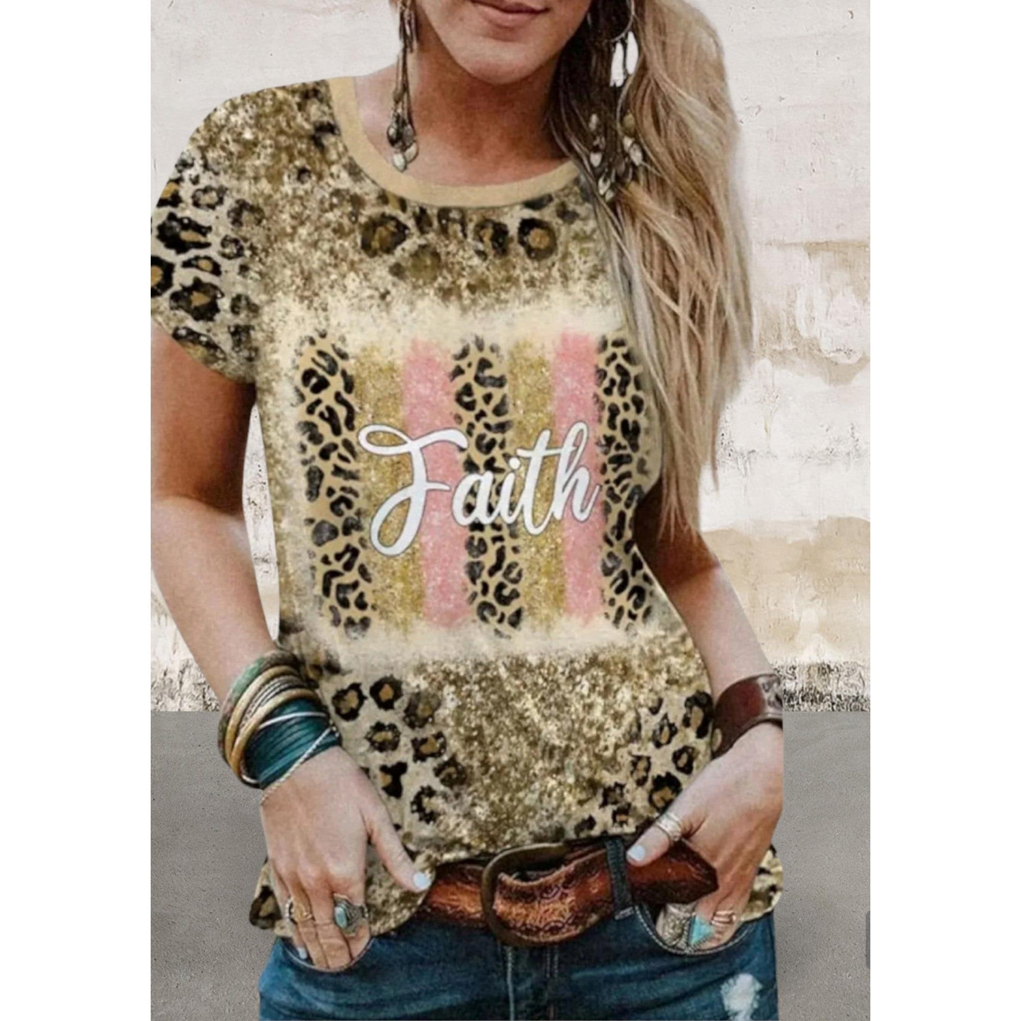 Short sleeve faith graphic leopard top
