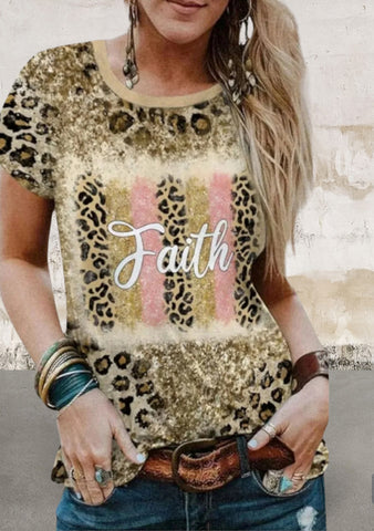 Short sleeve faith graphic leopard top