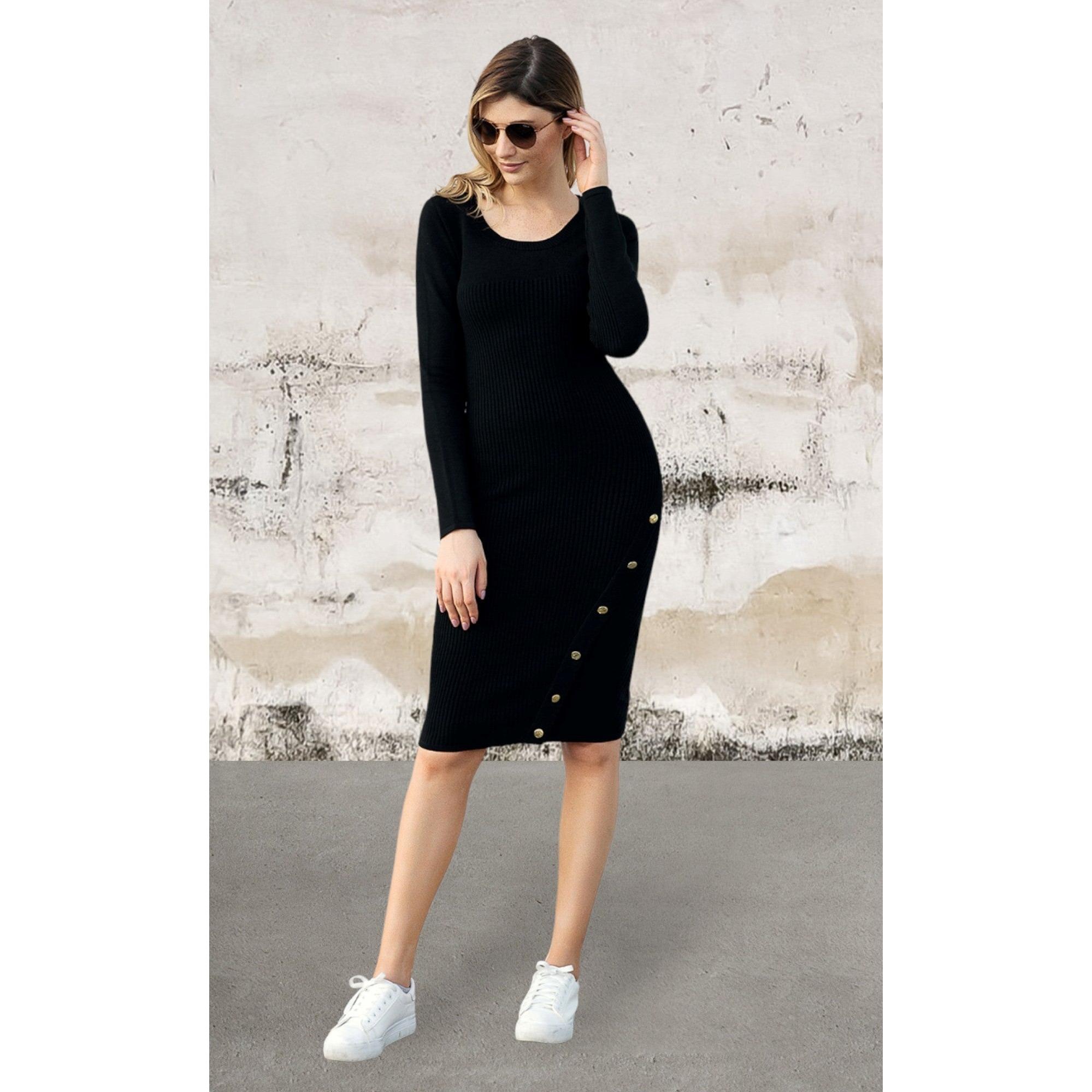 Long sleeve stretchy soft ribbed knit sweater dress