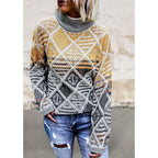 High Neck Geometric Colorblock Sweater