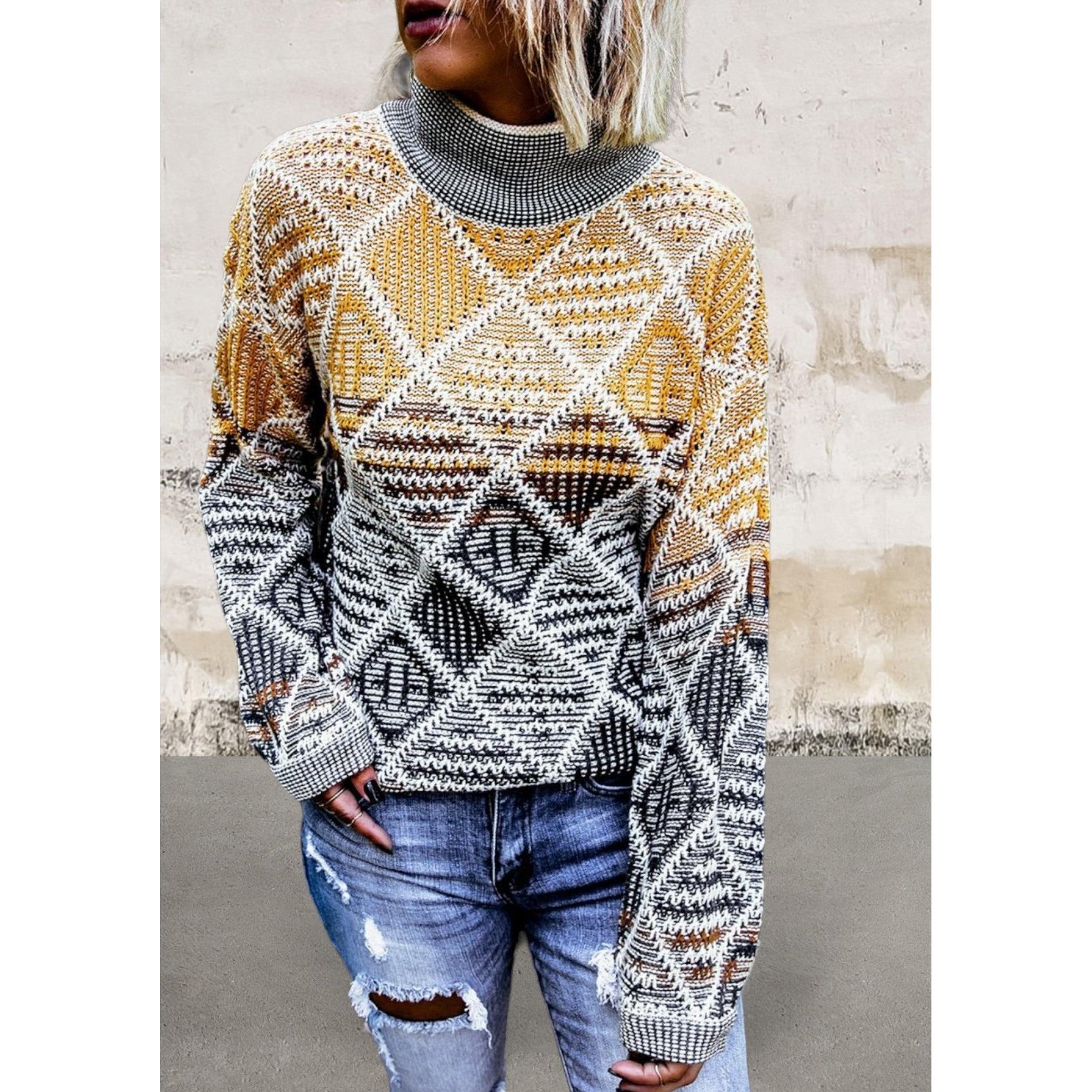 High Neck Geometric Colorblock Sweater