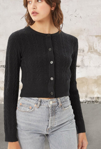 Black buttoned cable knit juniors long sleeve sweater