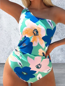 Cutout Printed Single Shoulder One-Piece Swimwear