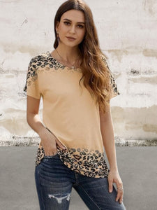 Khaki short sleeve loose leopard top
