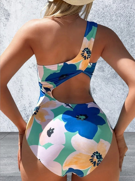 Cutout Printed Single Shoulder One-Piece Swimwear