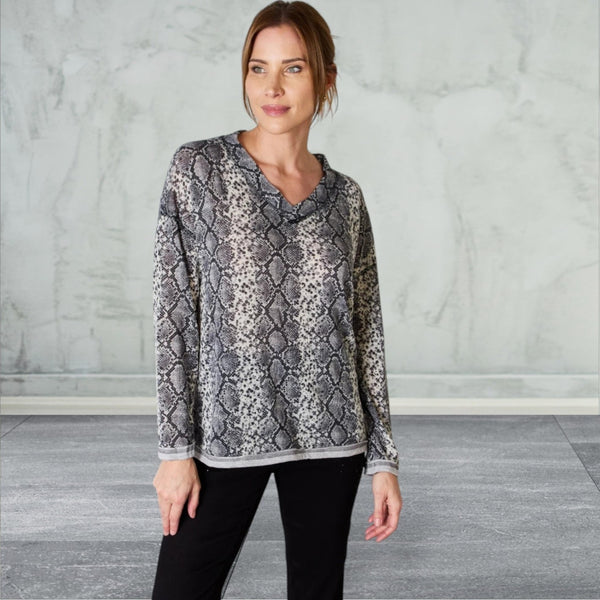 Long Sleeve Snakeskin V-Neck Top