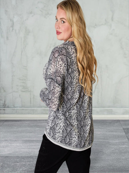 Long Sleeve Snakeskin V-Neck Top