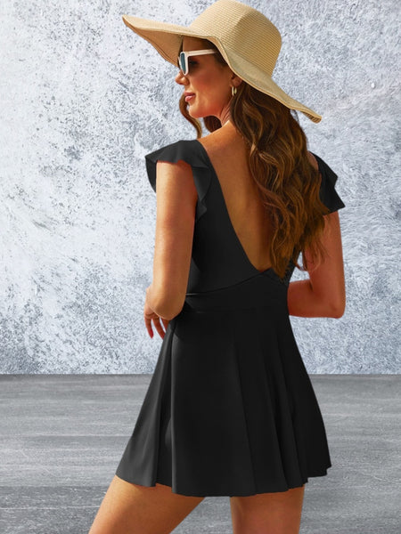 Cutout V-Neck Cap Sleeve One-Piece Swimwear