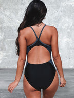 Black Spaghetti Strap Cutout Back Sporty One Piece Swimsuit