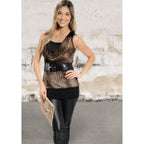 Women sleeveless cowl neck belted blouse