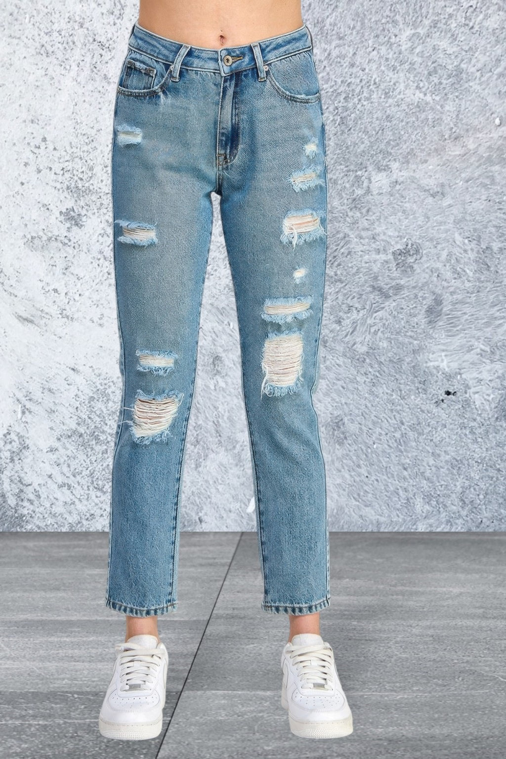 High Rise Distressed Relaxed Straight Leg Jeans