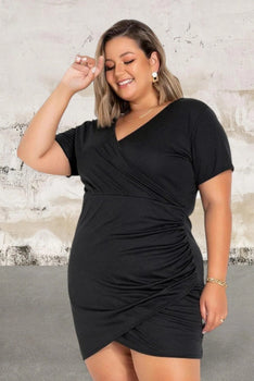 Plus size short sleeve wrap ruched above the knee dress