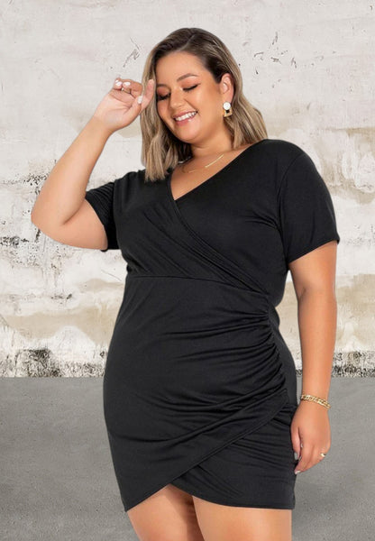 Plus size short sleeve wrap ruched above the knee dress