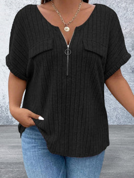 Plus Size Half Zip Short Sleeve Top