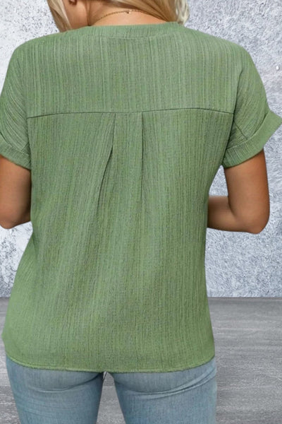 Short Sleeve Button Round Neck Top
