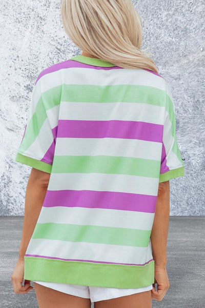 Short Sleeve Stripe Lucky Clover Graphic Loose Top