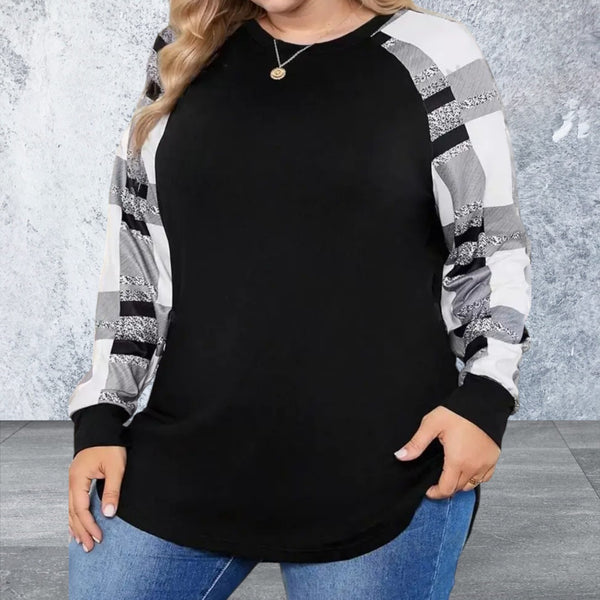 Plus Size Long Sleeve Plaid Round Neck Top