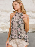 Sleeveless Snakeskin Print Low Gauge Knit Halter Neck Top