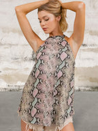 Sleeveless Snakeskin Print Low Gauge Knit Halter Neck Top