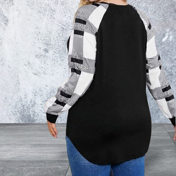 Plus Size Long Sleeve Plaid Round Neck Top