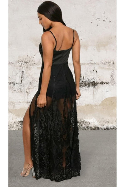 Sleeveless lace overlay romper maxi dress