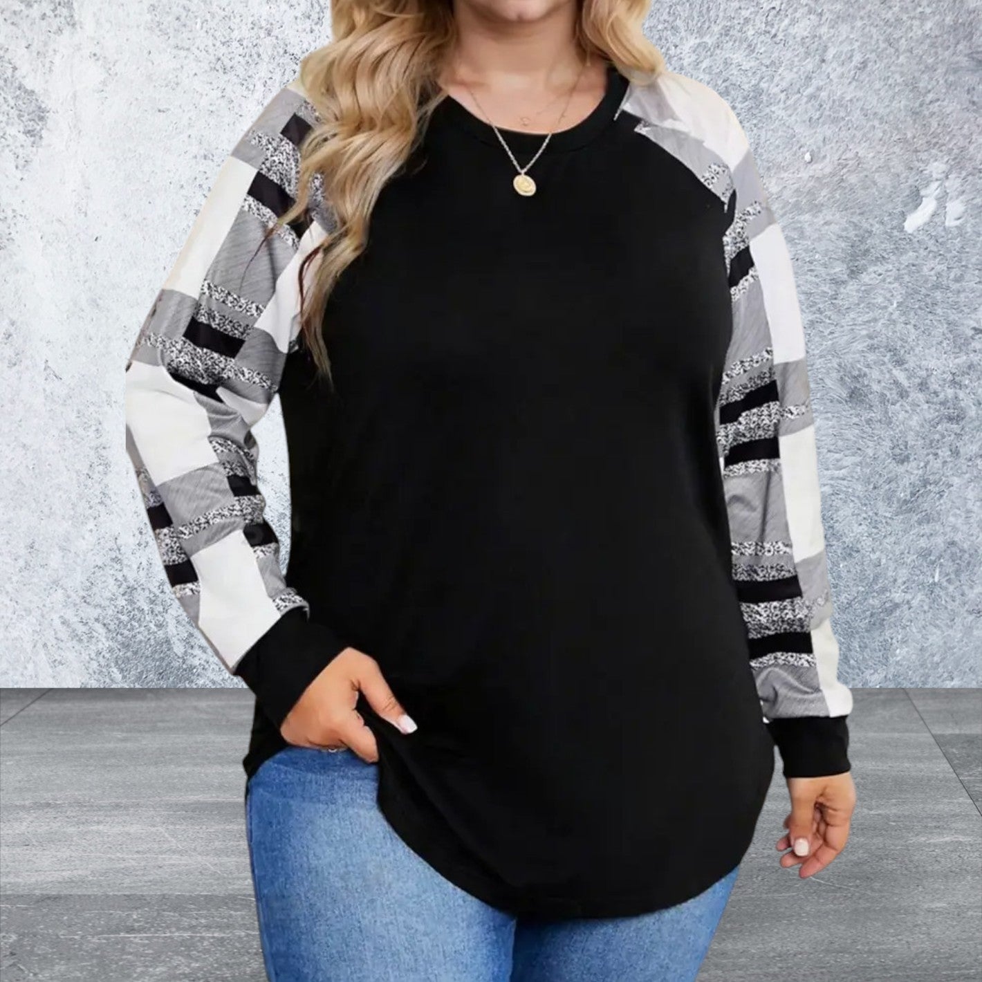 Plus Size Long Sleeve Plaid Round Neck Top