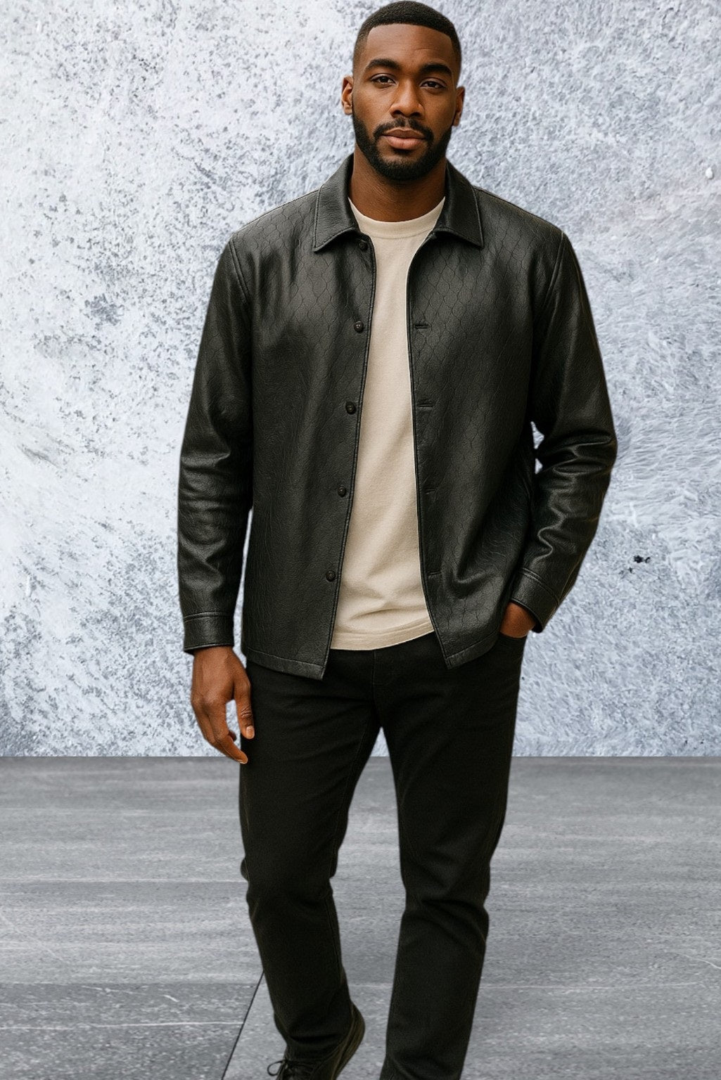 Long Sleeve Faux Leather Snap Button Front Shirt