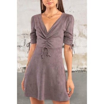 Deep v-neckline self-tie gathered chest detail juniors dress