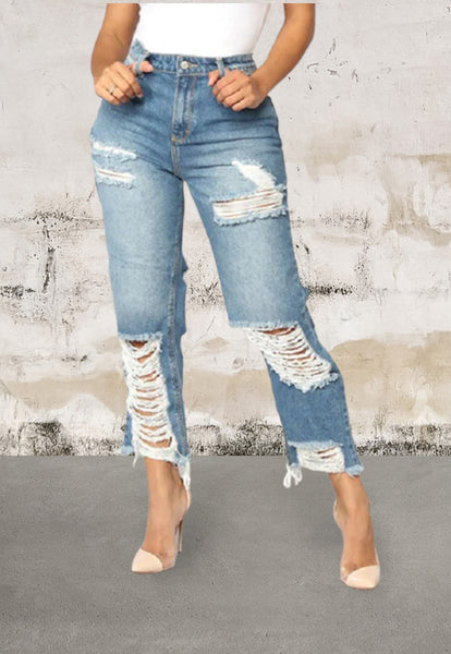 Light bule distressed stylish cut denim jeans