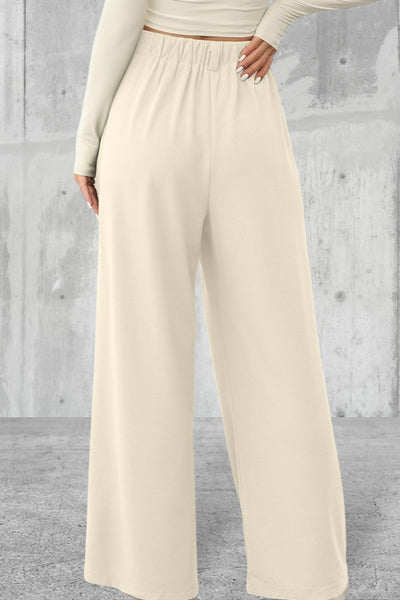 Beige Elastic Waist Wide Leg Pants