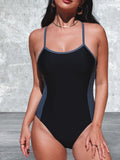 Black Spaghetti Strap Cutout Back Sporty One Piece Swimsuit