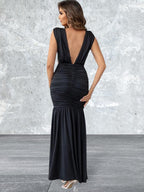 Women's Ruched Plunge Sleeveless Maxi Dress