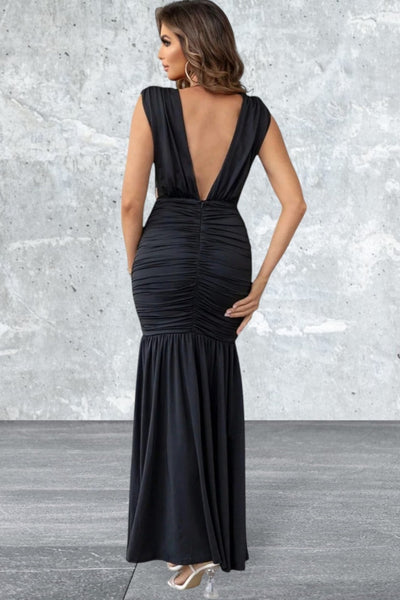 Women's Ruched Plunge Sleeveless Maxi Dress