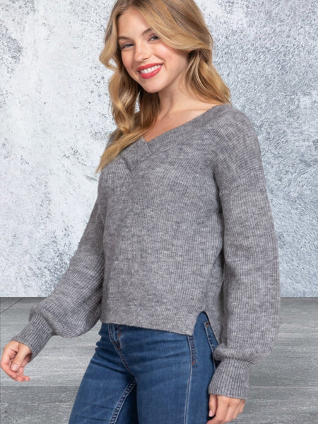 Long Sleeve V-neck Grey Sweater