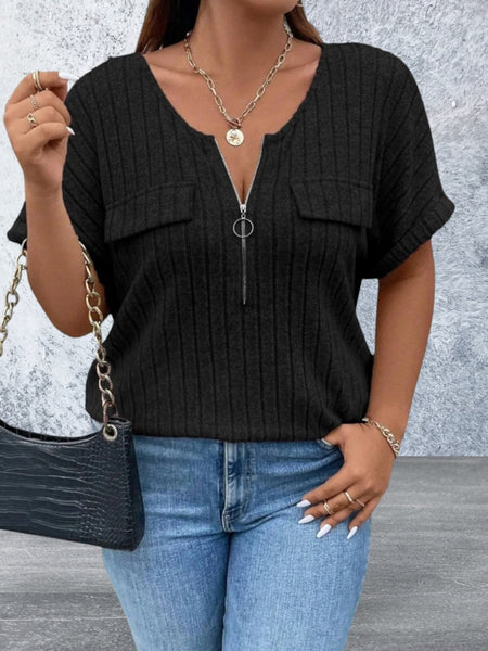 Plus Size Half Zip Short Sleeve Top