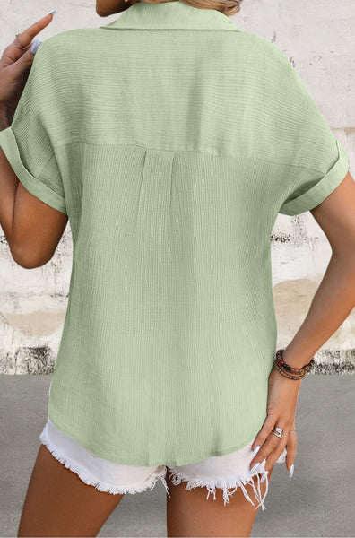 Crinkle Textured Cuffed Short Sleeve Shirt