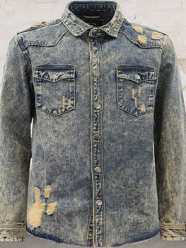 Men's Button Down Trendy Ripped Detail Denim Top