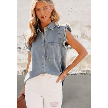 Blue Frayed Ruffle Short Sleeve Denim Shirt