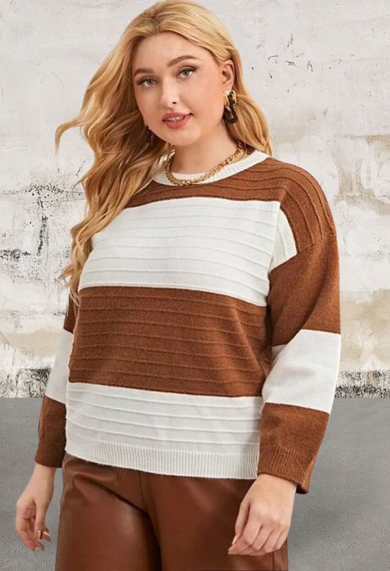 Plus size long sleeve brown and white sweater