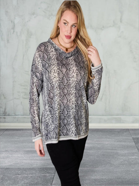 Long Sleeve Snakeskin V-Neck Top