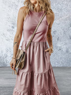 Sleeveless Sepia Rose Ribbed Vest Style Midi Dress with Pockets