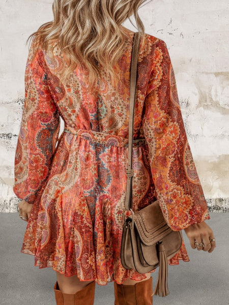 Paisley Print Long Sleeve Belted Mini Dress